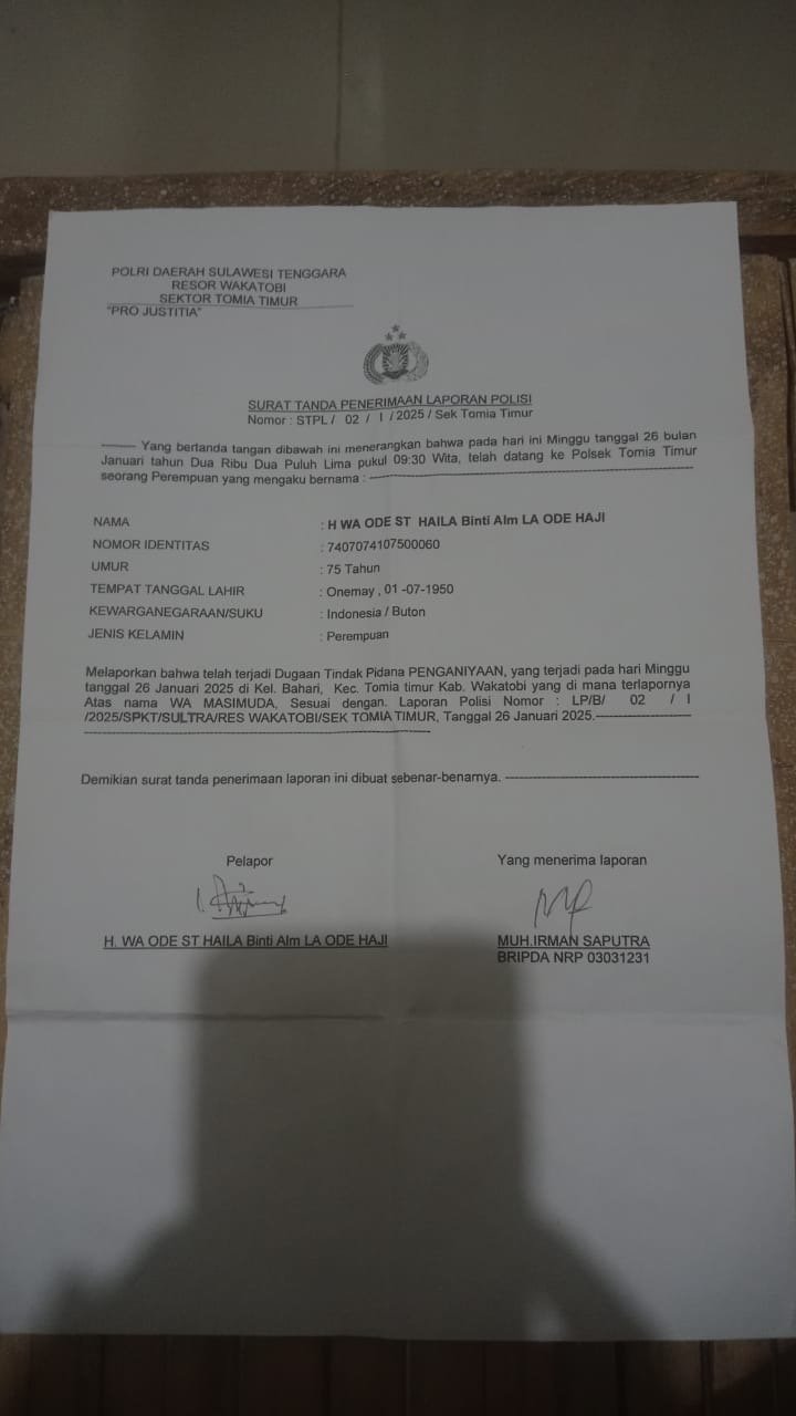 Surat Tanda Penerimaan Laporan Polisi No. STPL/02/I/2025/Sek Tomia Timur